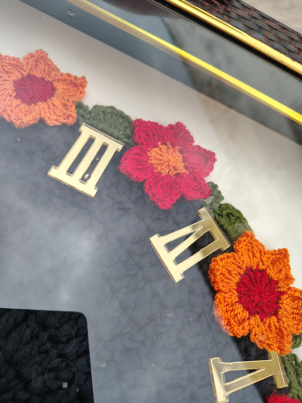 Handmade Crochet Floral Wall Clock – Framed Quartz, Silent Sweep