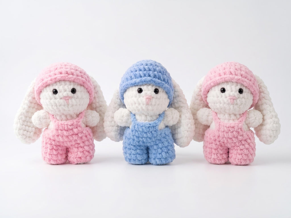 Crochet Dressed Bunny Doll | Handmade Amigurumi Rabbit | Soft Chenille Plush | Baby Shower Gift | Pink Blue | 12 Inch