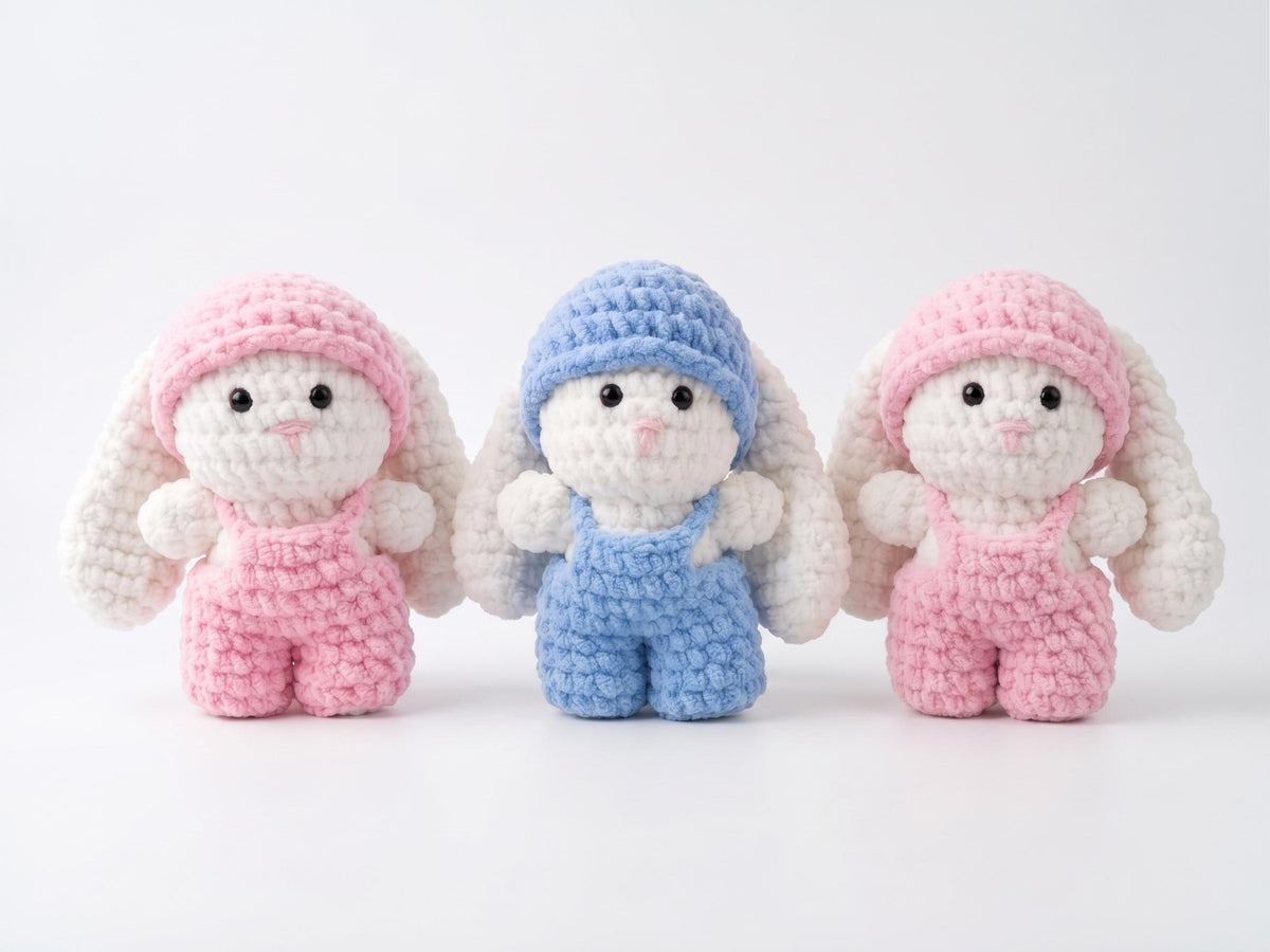 Crochet Dressed Bunny Doll | Handmade Amigurumi Rabbit | Soft Chenille Plush | Baby Shower Gift | Pink Blue | 12 Inch