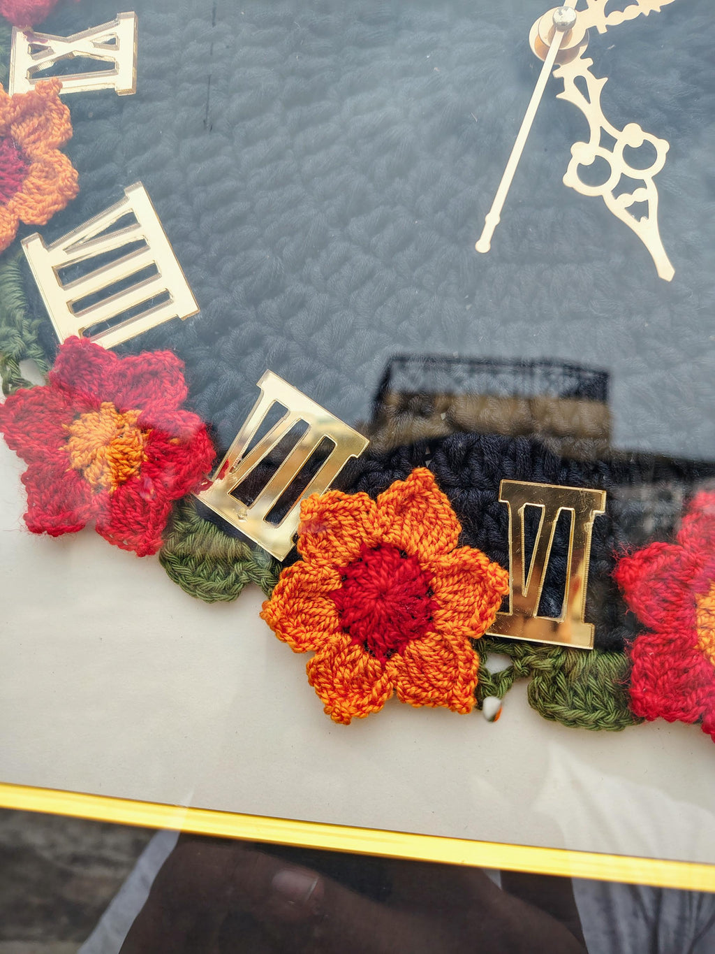 Handmade Crochet Floral Wall Clock – Framed Quartz, Silent Sweep