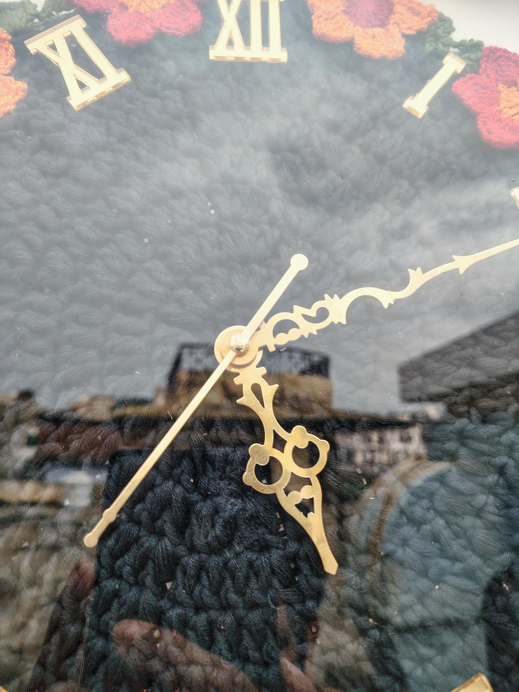 Handmade Crochet Floral Wall Clock – Framed Quartz, Silent Sweep