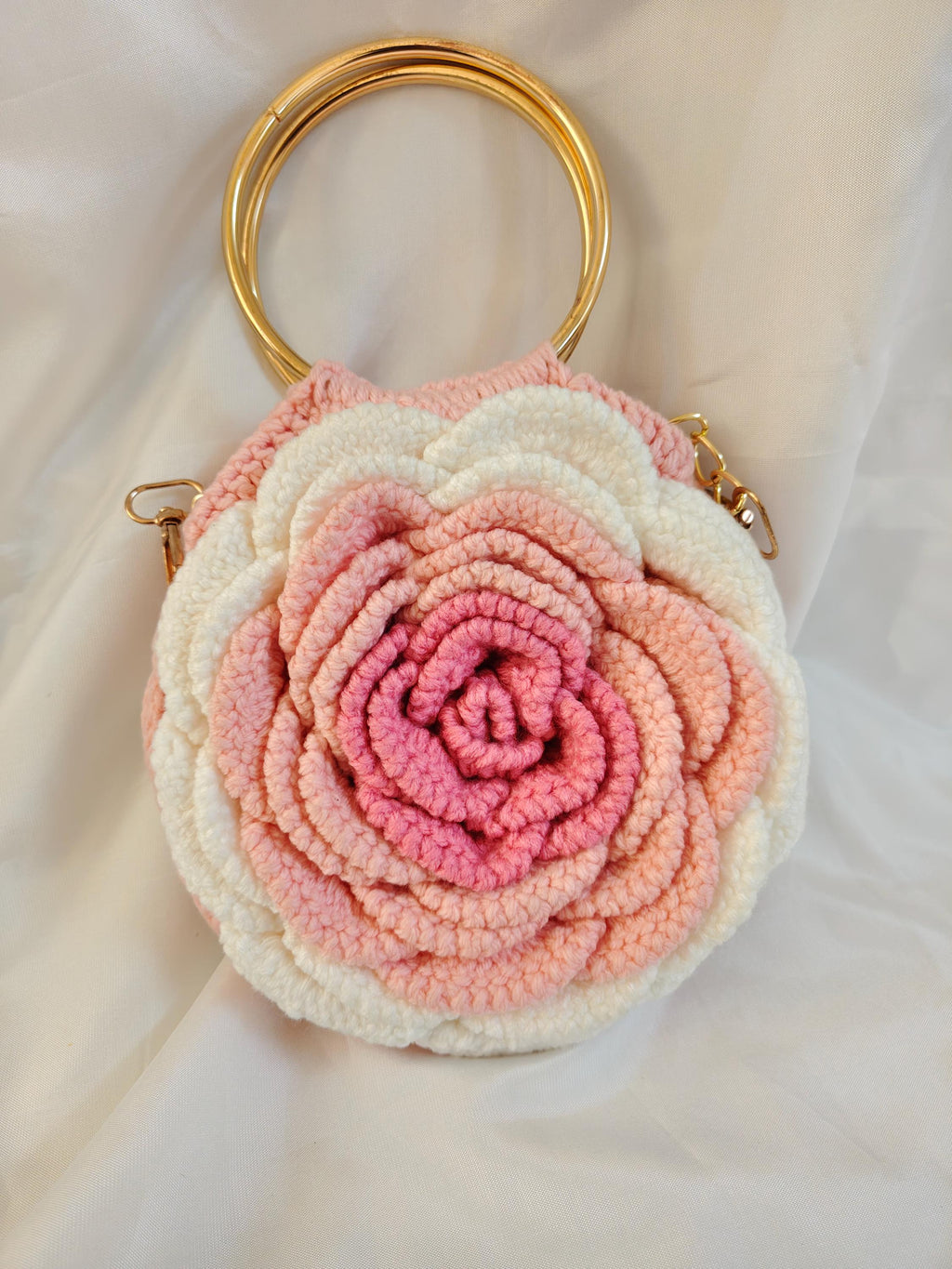 Crochet Rose Bag | Gold Ring Handle, Cotton Yarn Crossbody Purse | Boho Handbag