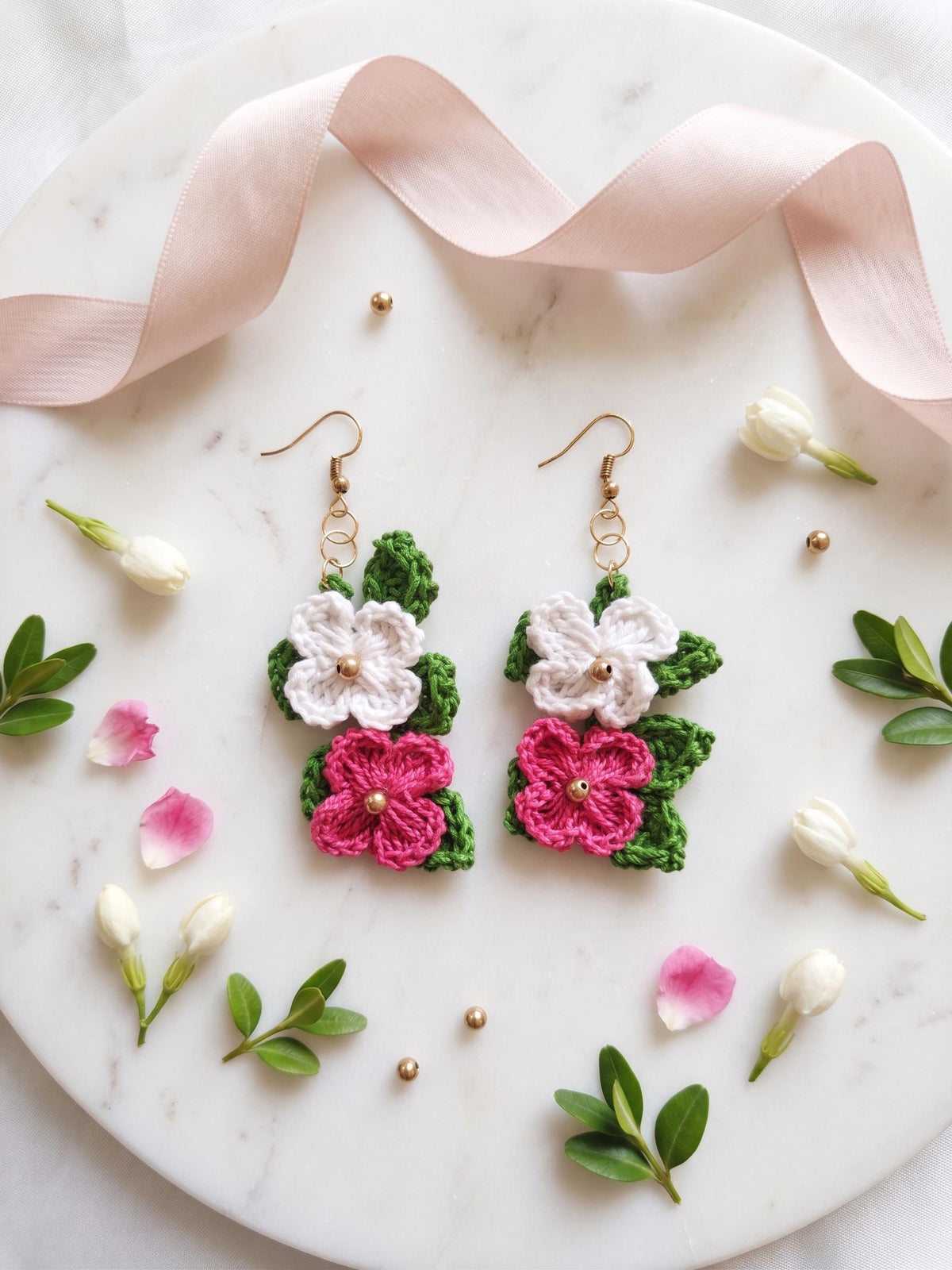 Crochet Flower Earrings | Handmade Floral Dangle Earrings | Boho Cottagecore Jewelry | Gift for Her | Pink White | Handmade in India