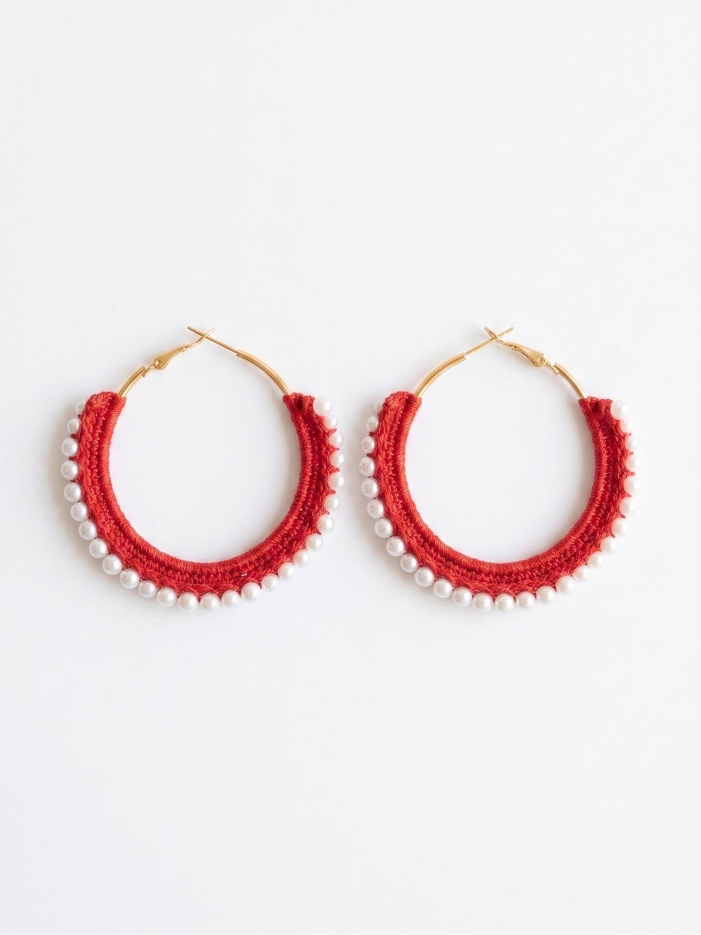Crochet Hoop Earrings | Handmade Red Pearl Beaded Hoops | Boho Statement Jewelry | 3 Inch Gold-Plated | Gift for Her