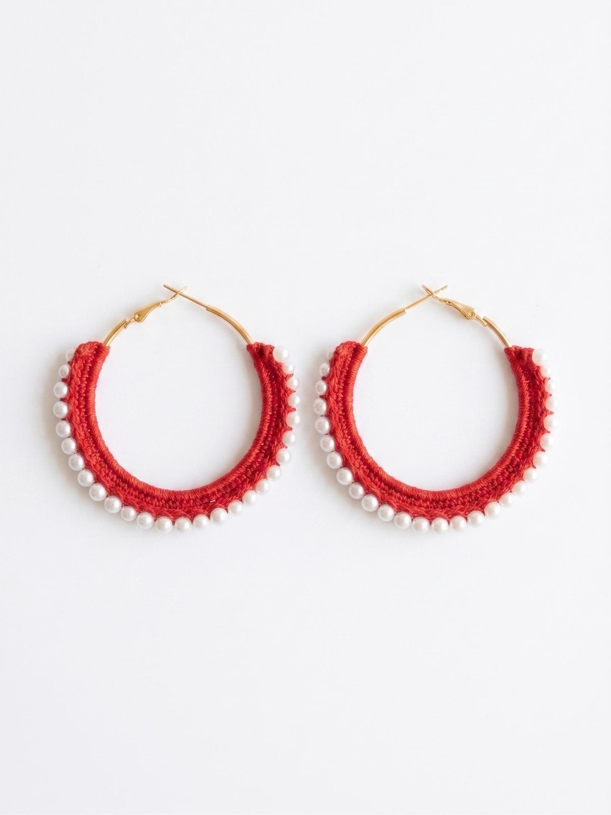 Crochet Hoop Earrings | Handmade Red Pearl Beaded Hoops | Boho Statement Jewelry | 3 Inch Gold-Plated | Gift for Her