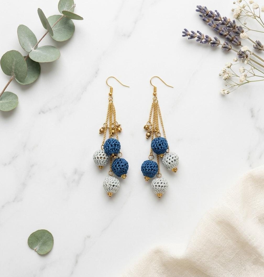Teal White Crochet Ball Cluster Earrings | Gold Chain Tassel Boho Jewelry