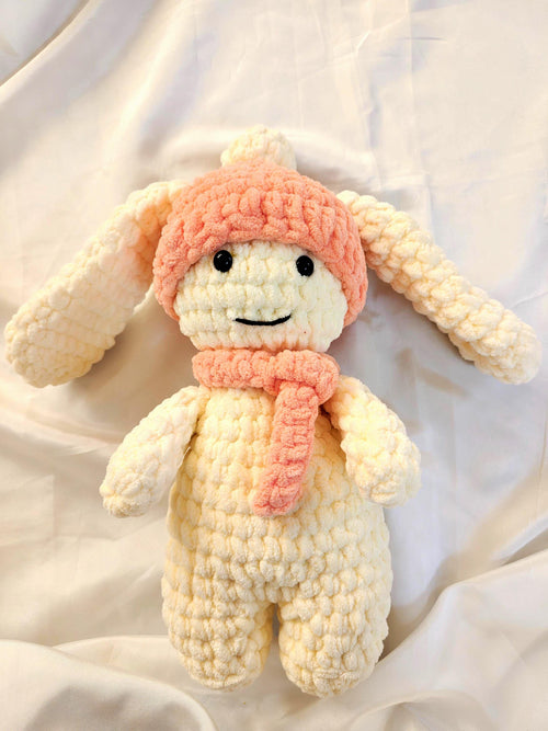 Crochet Bunny Toy | Soft Velvet Amigurumi Rabbit, Pink Hat Scarf (15 inches)