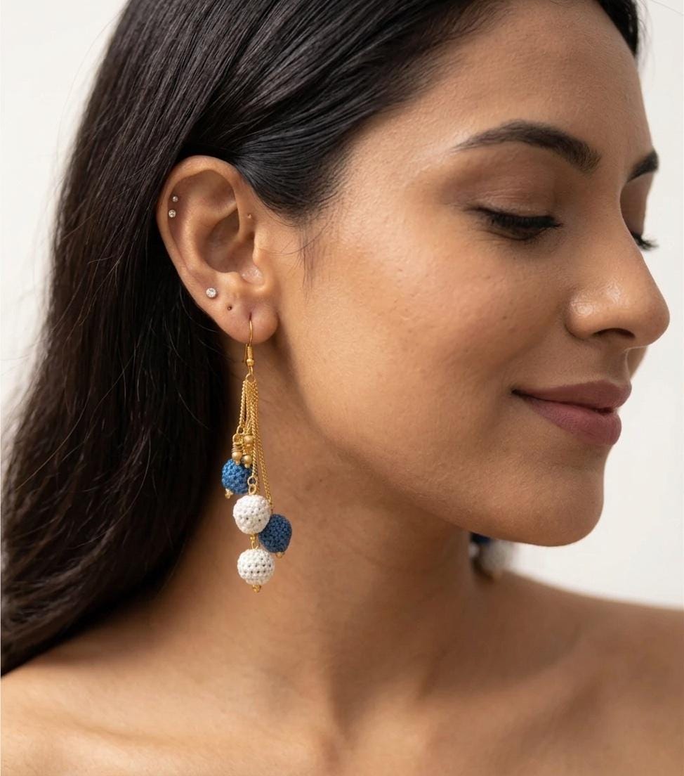Teal White Crochet Ball Cluster Earrings | Gold Chain Tassel Boho Jewelry