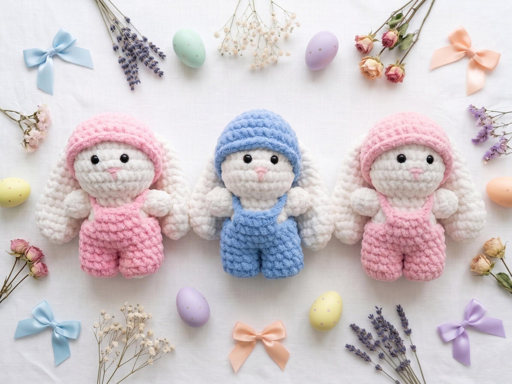 Crochet Dressed Bunny Doll | Handmade Amigurumi Rabbit | Soft Chenille Plush | Baby Shower Gift | Pink Blue | 12 Inch