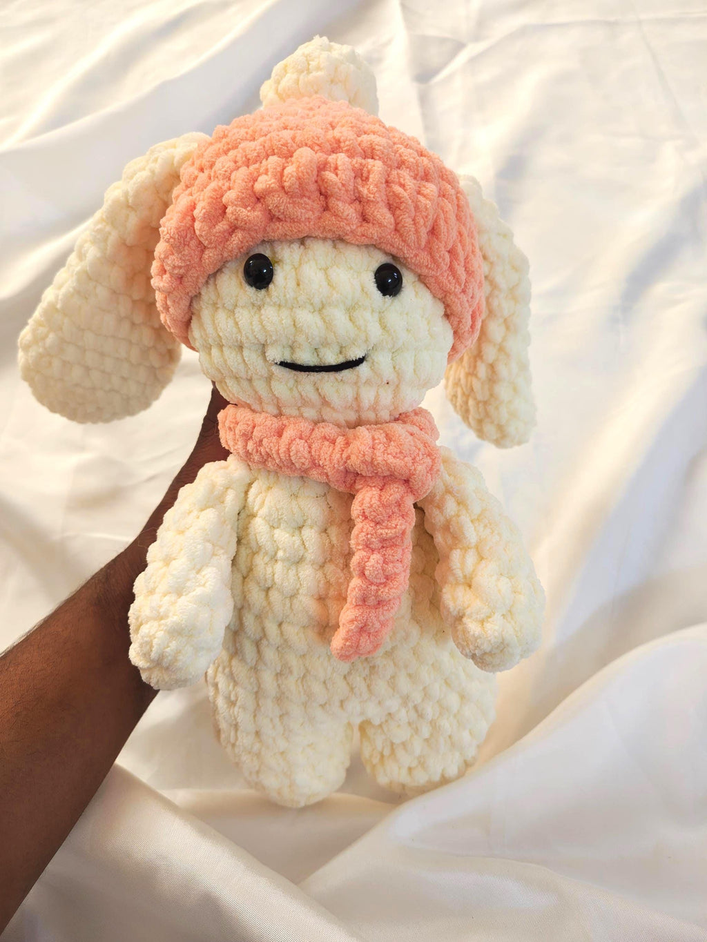 Crochet Bunny Toy | Soft Velvet Amigurumi Rabbit, Pink Hat Scarf (15 inches)