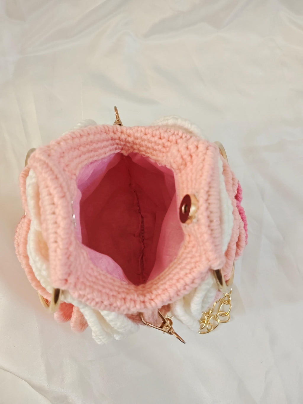 Crochet Rose Bag | Gold Ring Handle, Cotton Yarn Crossbody Purse | Boho Handbag