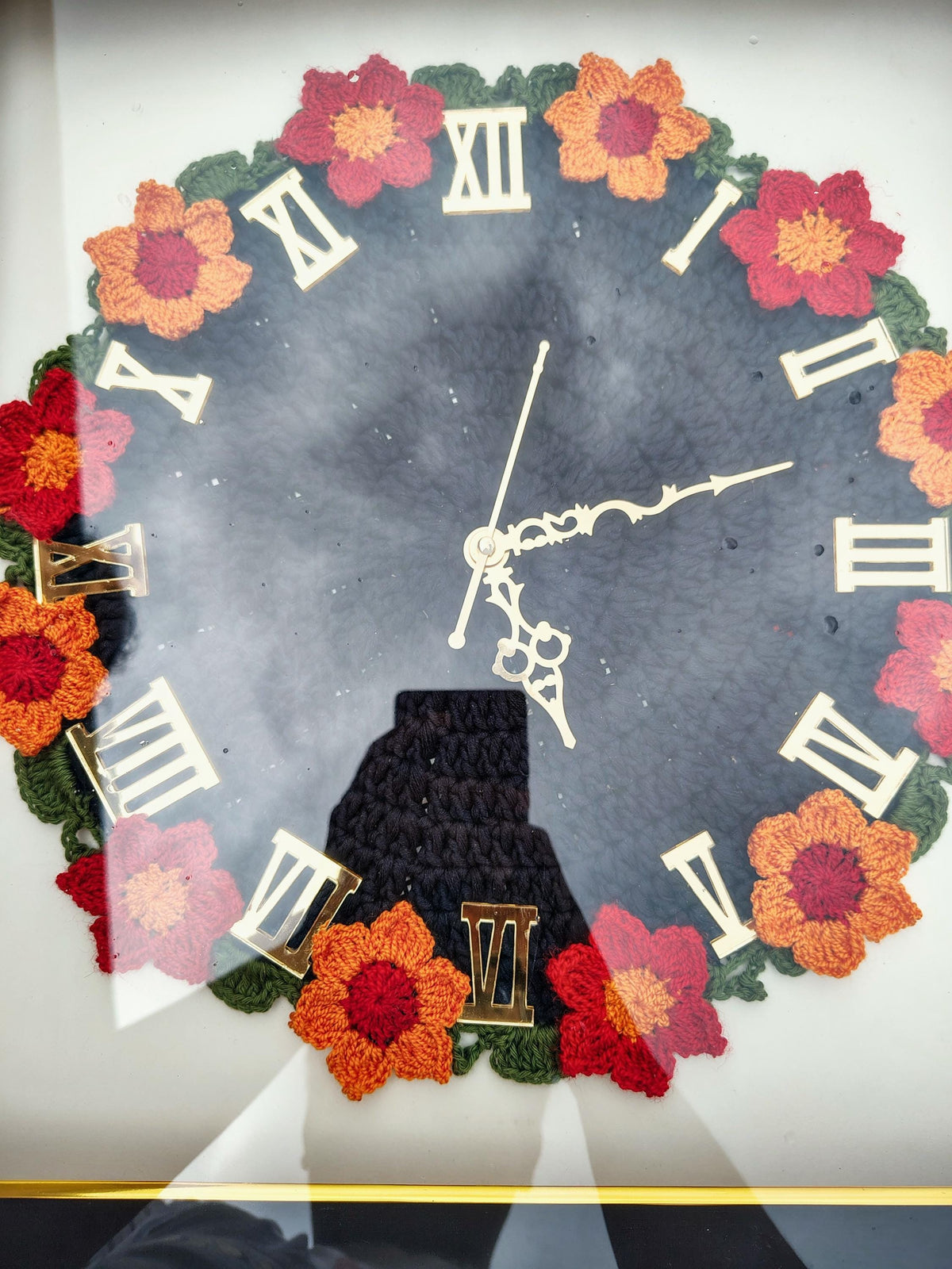 Handmade Crochet Floral Wall Clock – Framed Quartz, Silent Sweep