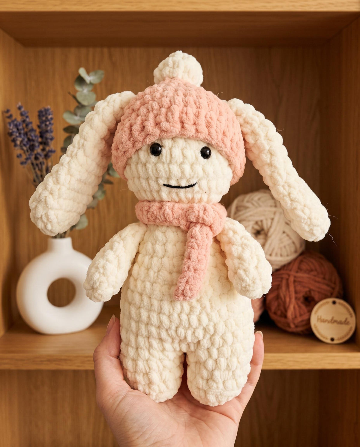 Crochet Bunny Toy | Soft Velvet Amigurumi Rabbit, Pink Hat Scarf (15 inches)
