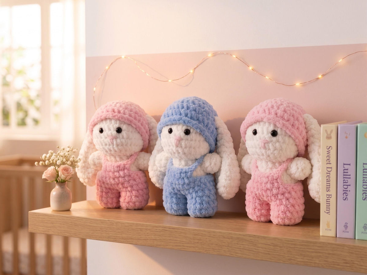 Crochet Dressed Bunny Doll | Handmade Amigurumi Rabbit | Soft Chenille Plush | Baby Shower Gift | Pink Blue | 12 Inch