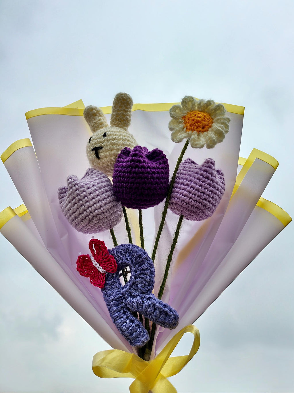 Crochet Bouquet: Handmade Yarn Tulips, Daisy, Bunny, Custom Initial
