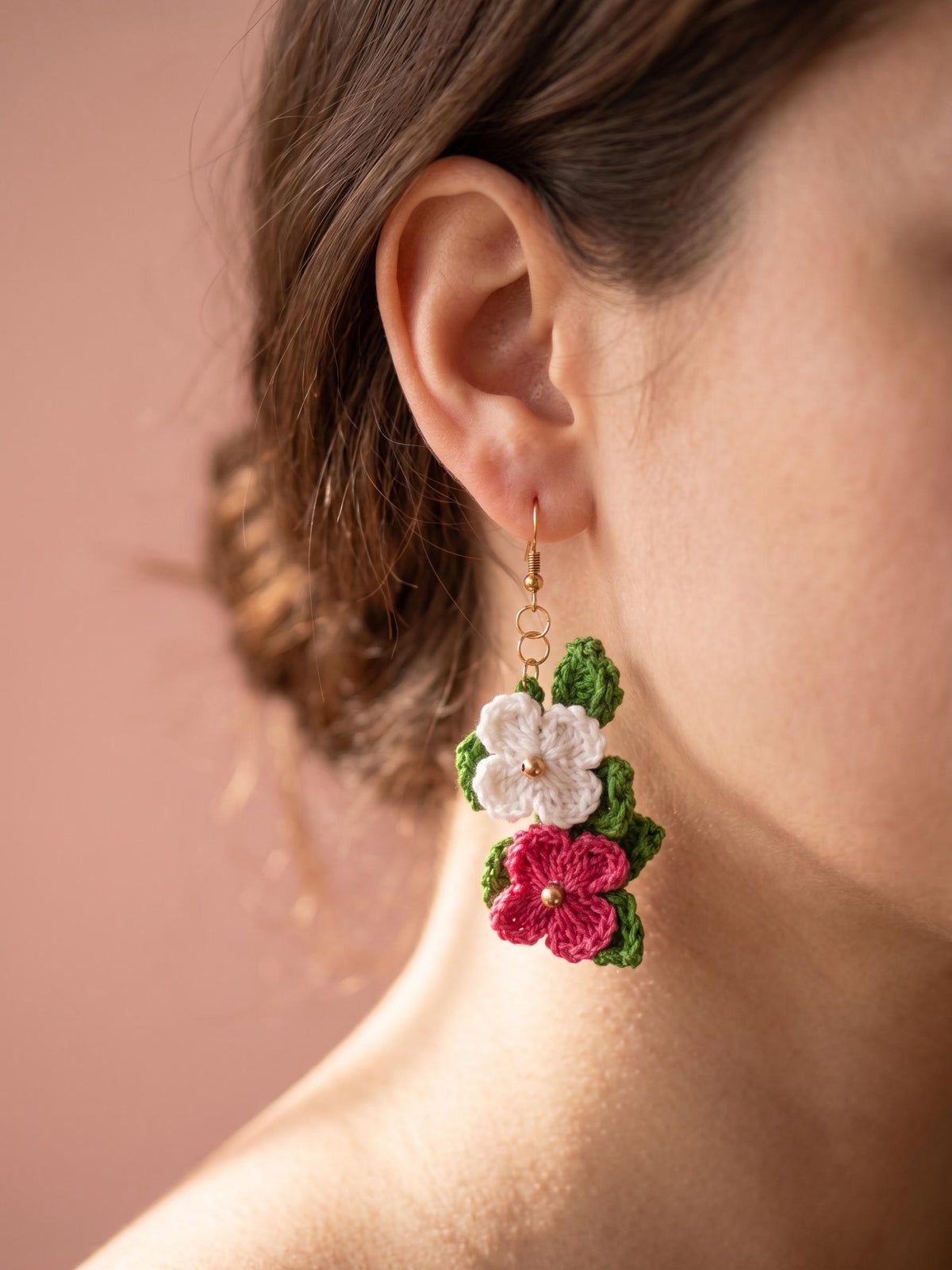 Crochet Flower Earrings | Handmade Floral Dangle Earrings | Boho Cottagecore Jewelry | Gift for Her | Pink White | Handmade in India