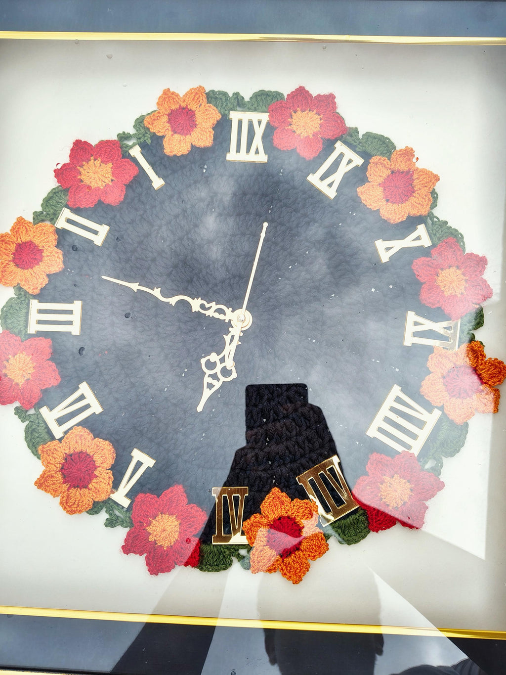 Handmade Crochet Floral Wall Clock – Framed Quartz, Silent Sweep