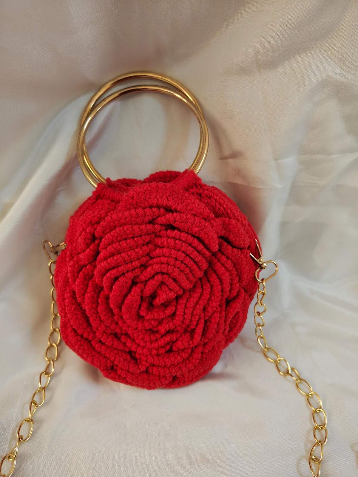 Crochet Rose Bag | Gold Ring Handle, Cotton Yarn Crossbody Purse | Boho Handbag