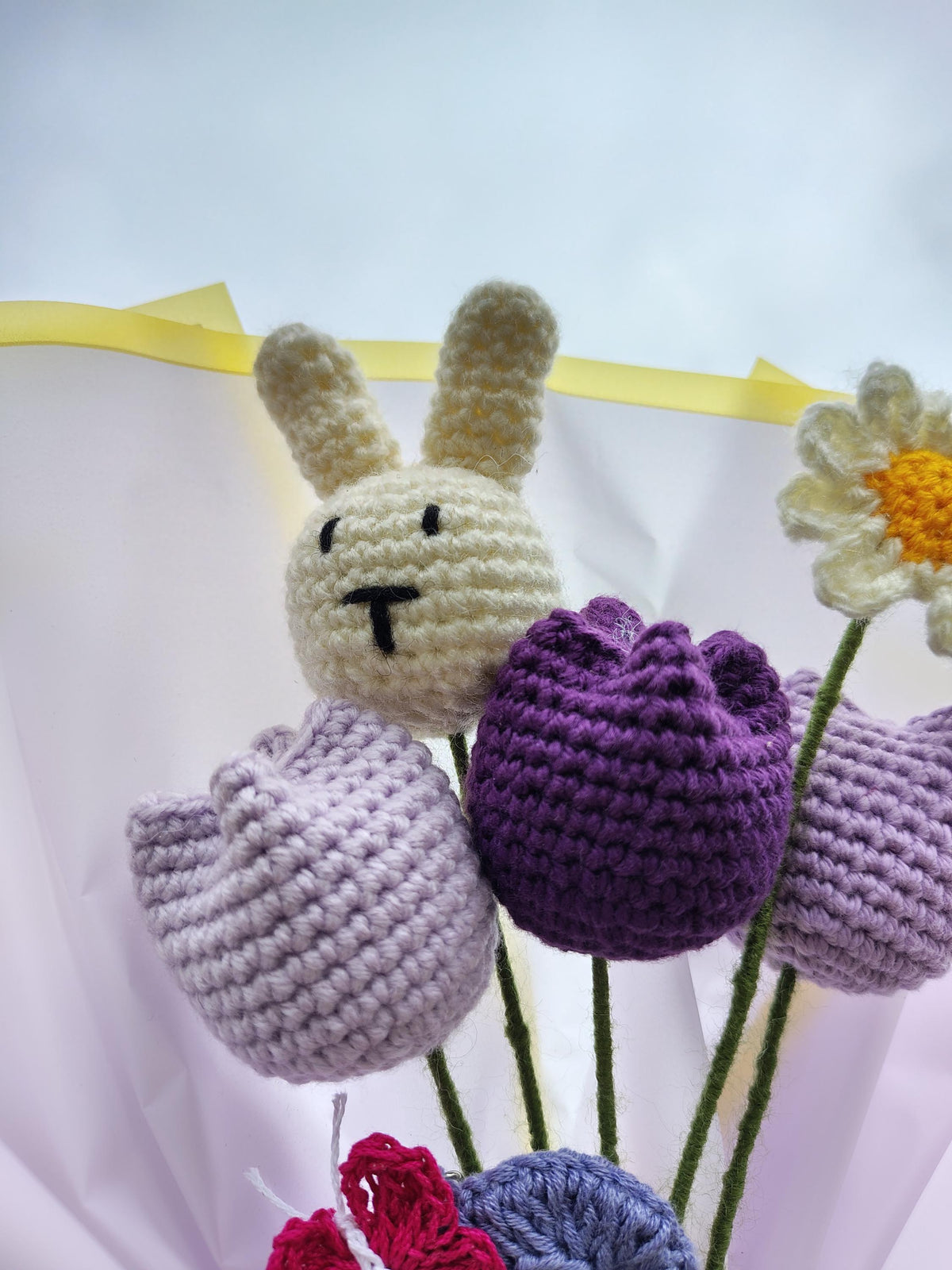 Crochet Bouquet: Handmade Yarn Tulips, Daisy, Bunny, Custom Initial