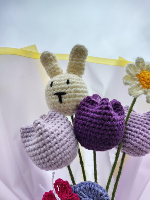 Crochet Bouquet: Handmade Yarn Tulips, Daisy, Bunny, Custom Initial