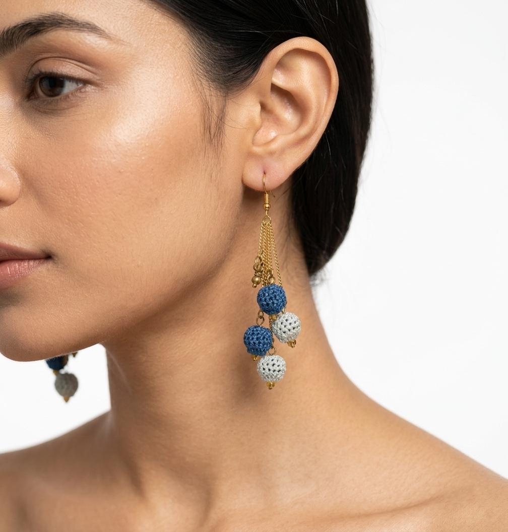 Teal White Crochet Ball Cluster Earrings | Gold Chain Tassel Boho Jewelry