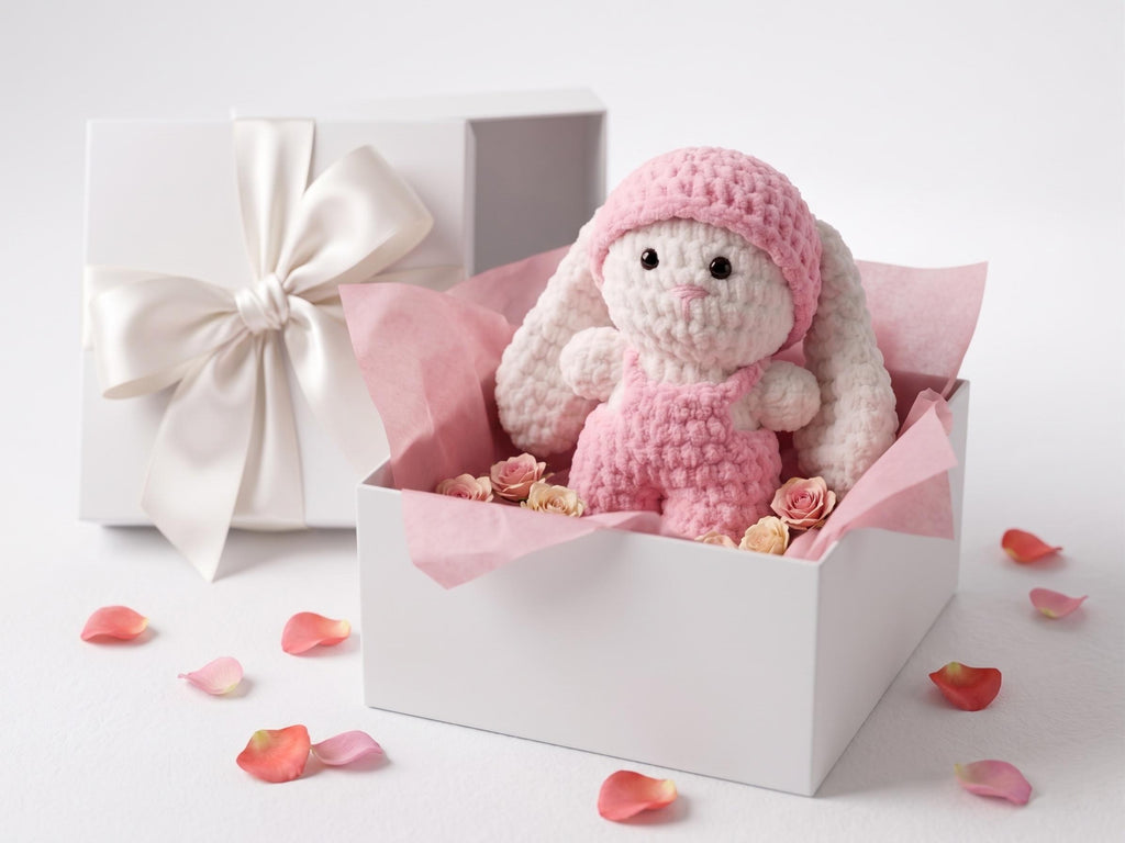 Crochet Dressed Bunny Doll | Handmade Amigurumi Rabbit | Soft Chenille Plush | Baby Shower Gift | Pink Blue | 12 Inch
