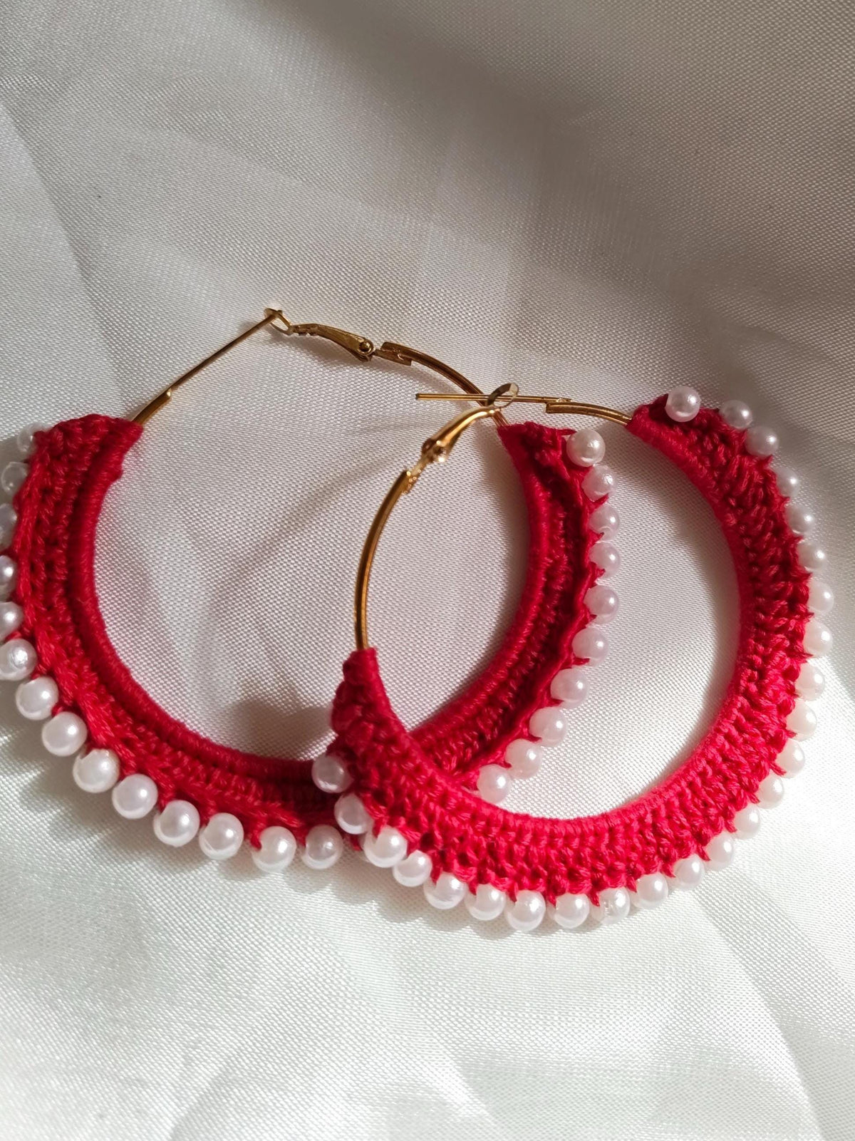 Crochet Hoop Earrings | Handmade Red Pearl Beaded Hoops | Boho Statement Jewelry | 3 Inch Gold-Plated | Gift for Her