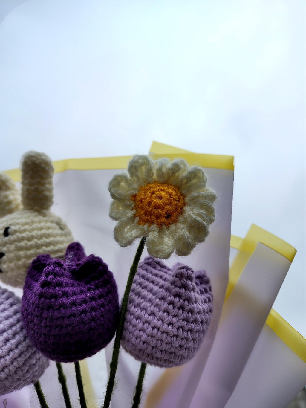 Crochet Bouquet: Handmade Yarn Tulips, Daisy, Bunny, Custom Initial