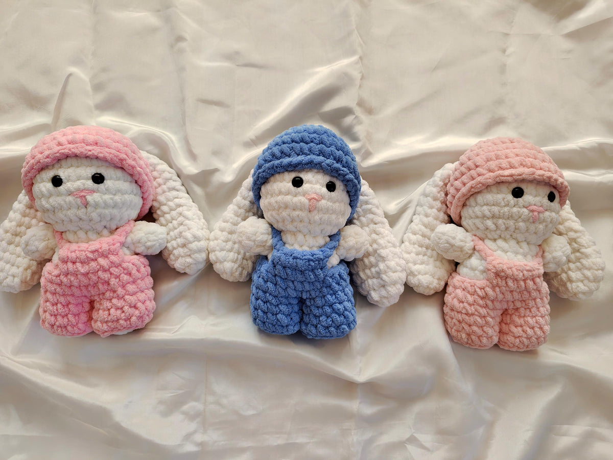 Crochet Dressed Bunny Doll | Handmade Amigurumi Rabbit | Soft Chenille Plush | Baby Shower Gift | Pink Blue | 12 Inch
