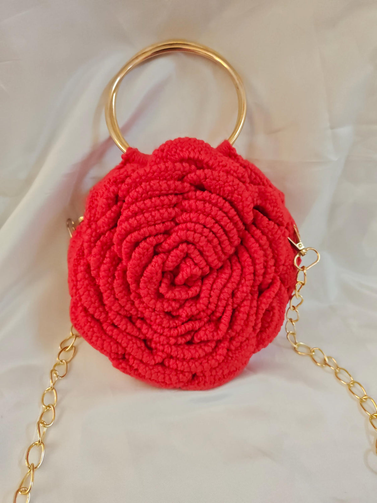 Crochet Rose Bag | Gold Ring Handle, Cotton Yarn Crossbody Purse | Boho Handbag