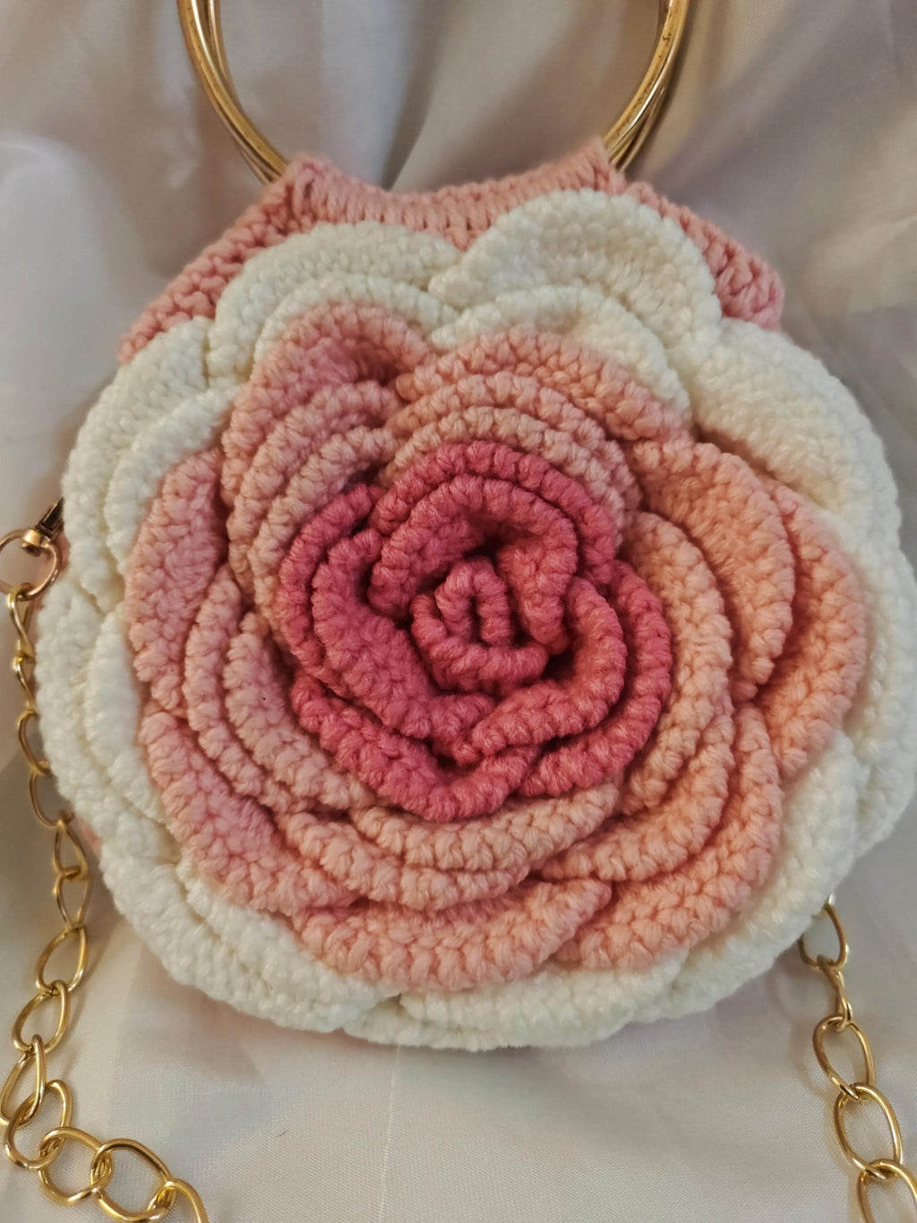 Crochet Rose Bag | Gold Ring Handle, Cotton Yarn Crossbody Purse | Boho Handbag