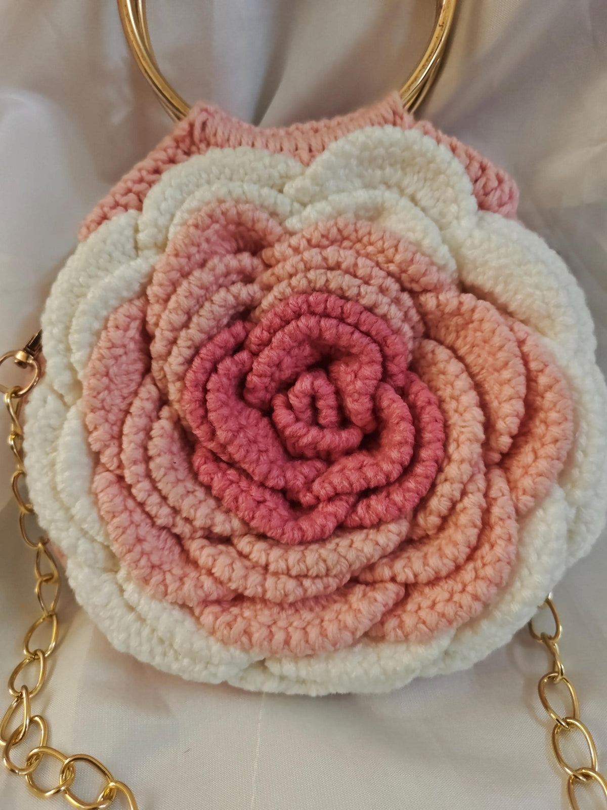 Crochet Rose Bag | Gold Ring Handle, Cotton Yarn Crossbody Purse | Boho Handbag