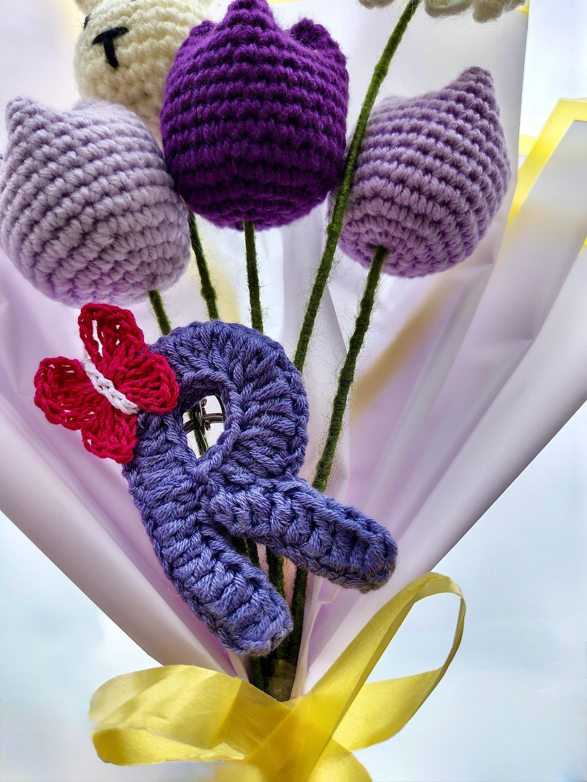 Crochet Bouquet: Handmade Yarn Tulips, Daisy, Bunny, Custom Initial