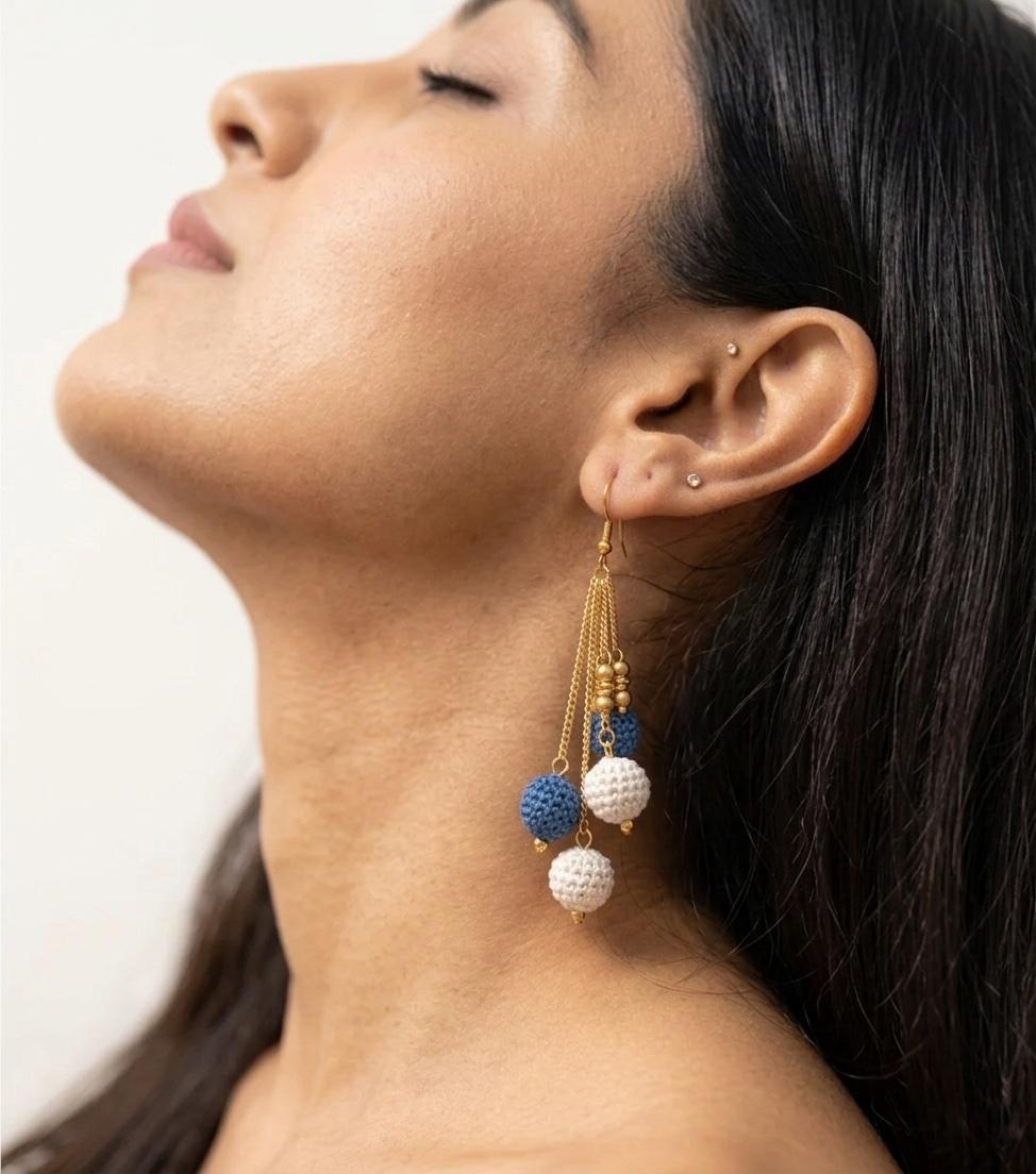 Teal White Crochet Ball Cluster Earrings | Gold Chain Tassel Boho Jewelry
