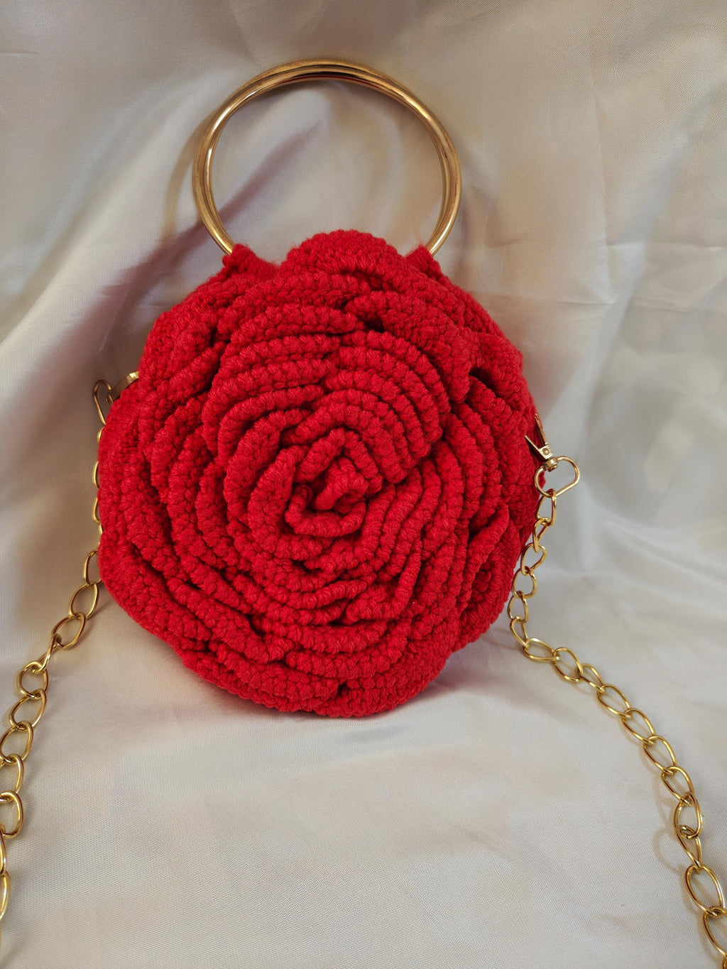 Crochet Rose Bag | Gold Ring Handle, Cotton Yarn Crossbody Purse | Boho Handbag