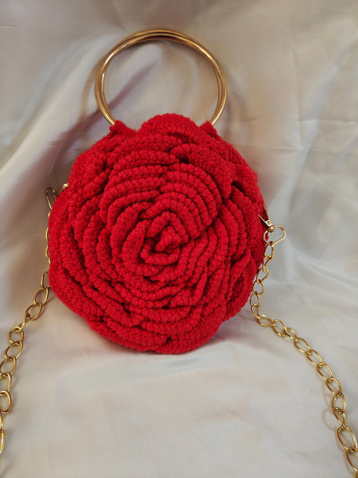 Crochet Rose Bag | Gold Ring Handle, Cotton Yarn Crossbody Purse | Boho Handbag