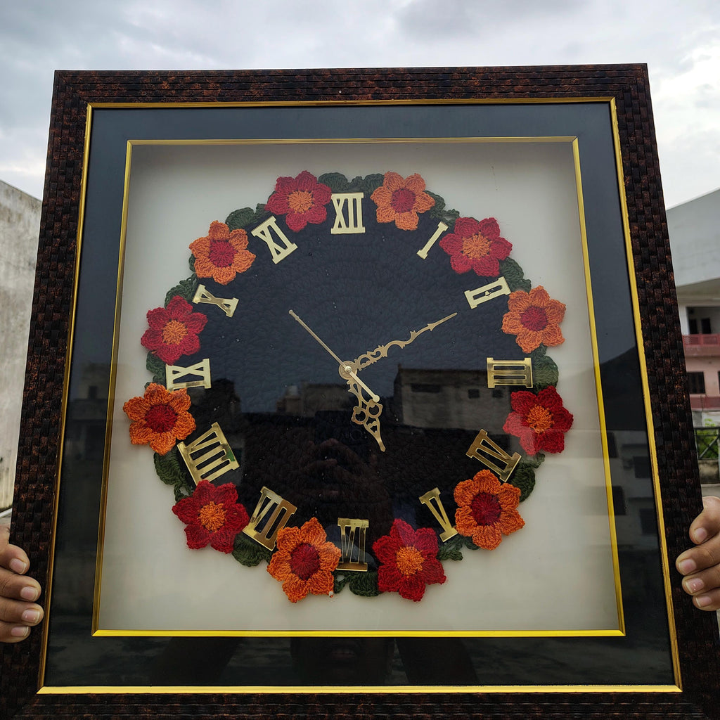 Handmade Crochet Floral Wall Clock – Framed Quartz, Silent Sweep