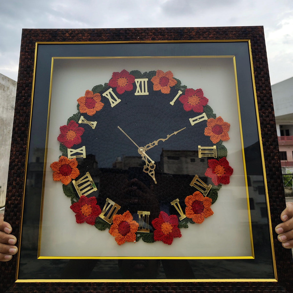 Handmade Crochet Floral Wall Clock – Framed Quartz, Silent Sweep