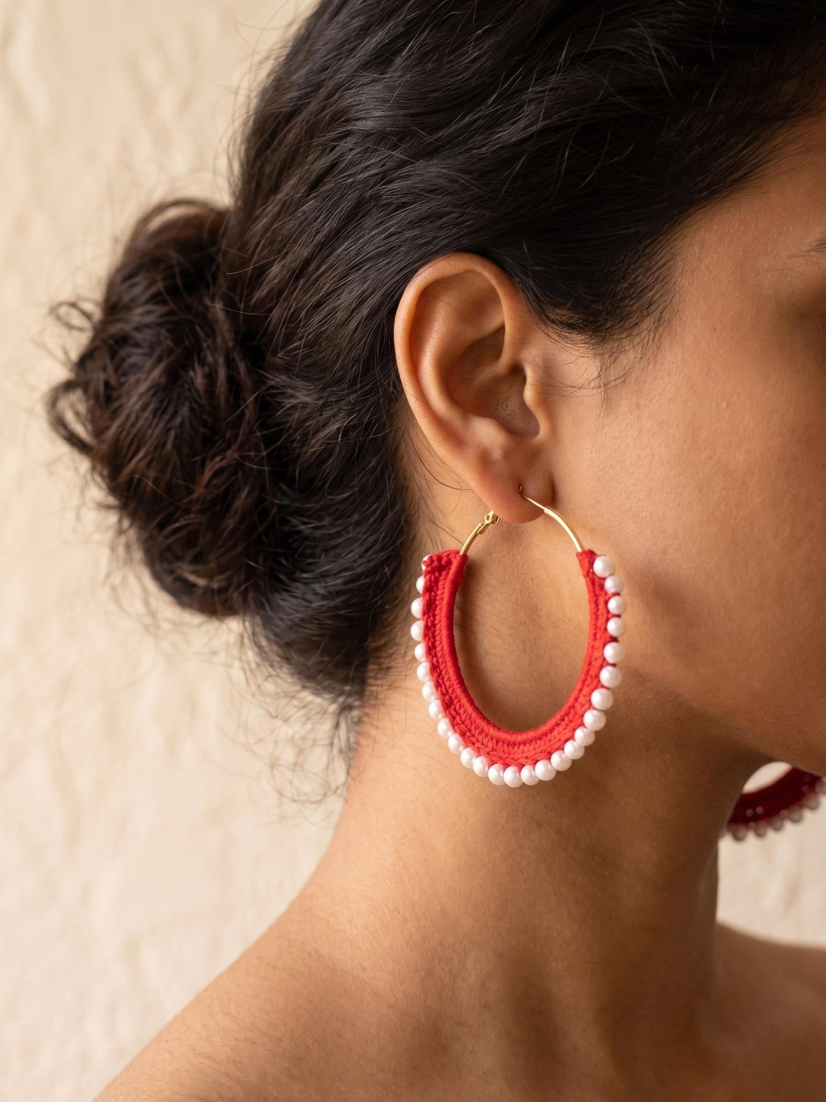 Crochet Hoop Earrings | Handmade Red Pearl Beaded Hoops | Boho Statement Jewelry | 3 Inch Gold-Plated | Gift for Her