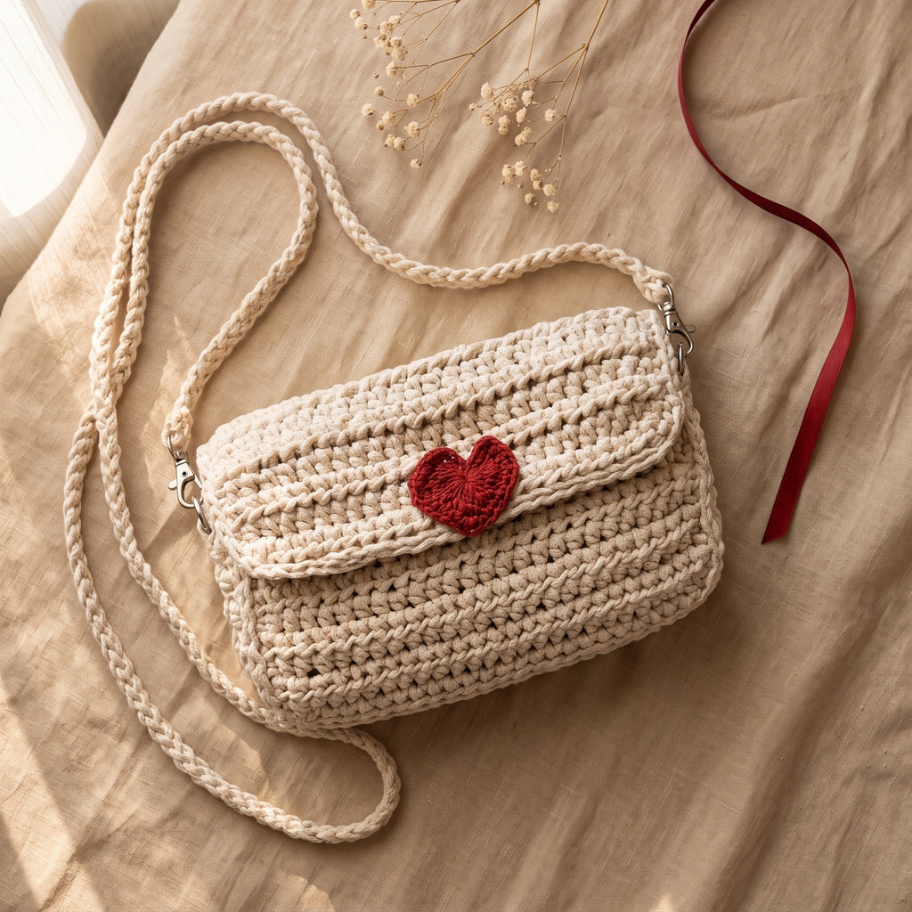 Handmade cream crochet crossbody bag with red heart, flat lay with braided strap