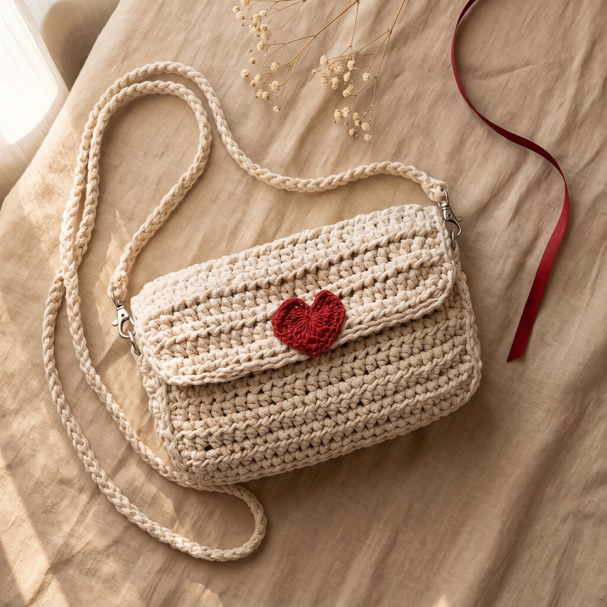 Handmade cream crochet crossbody bag with red heart, flat lay with braided strap
