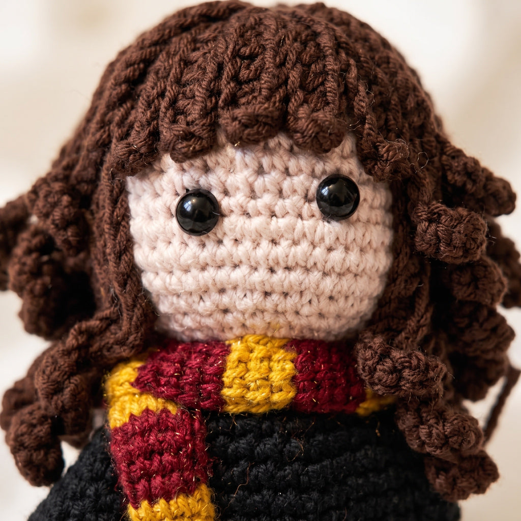 Close-up of Hermione crochet doll curly hair loops and scarf stitches
