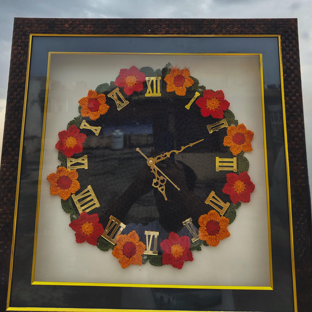 Handmade Crochet Floral Wall Clock – Framed Quartz, Silent Sweep