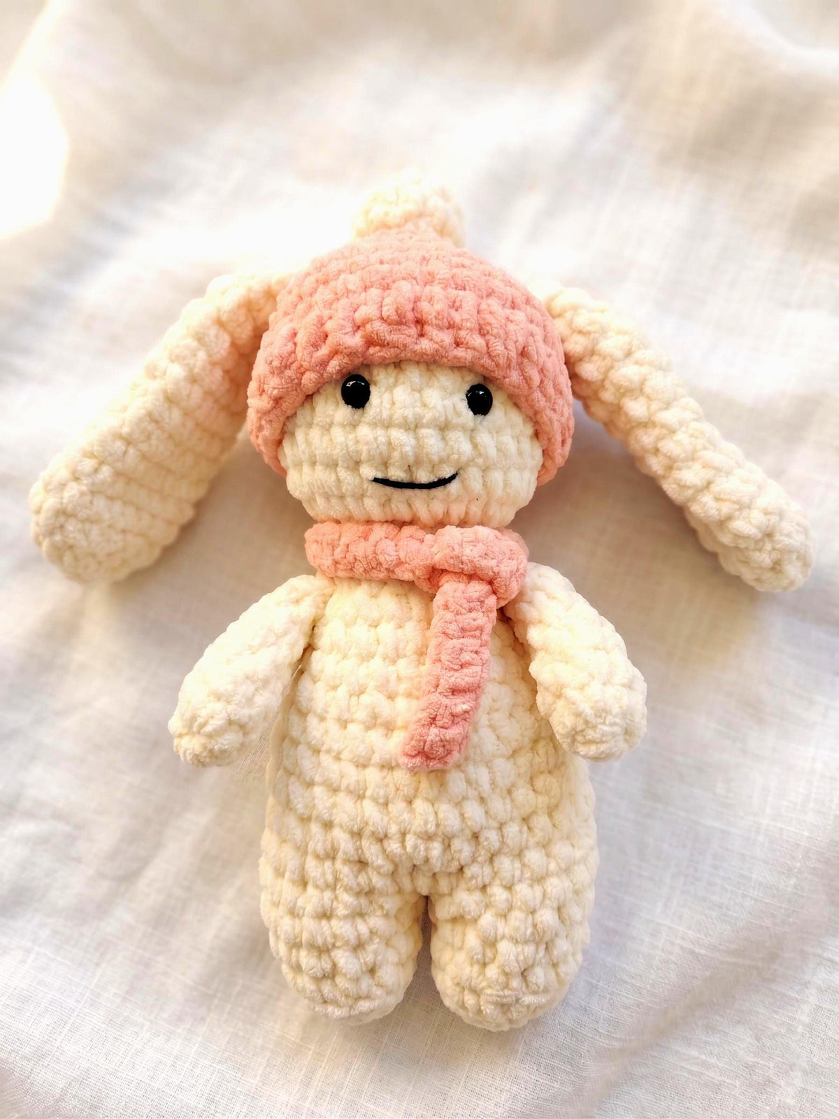 Crochet Bunny Toy | Soft Velvet Amigurumi Rabbit, Pink Hat Scarf (15 inches)