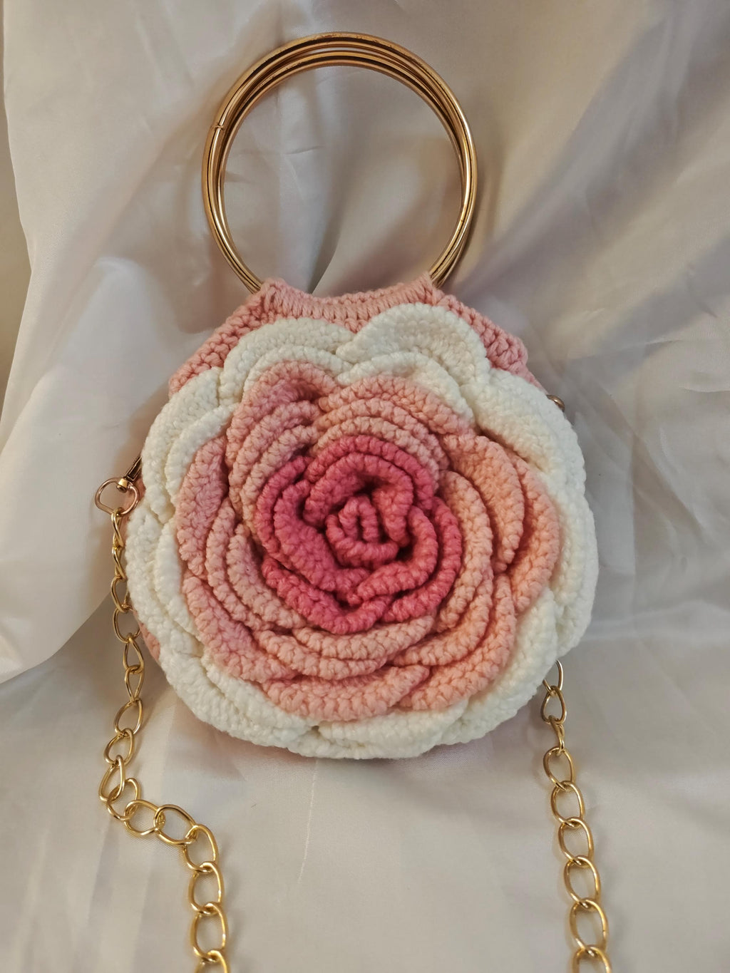 Crochet Rose Bag | Gold Ring Handle, Cotton Yarn Crossbody Purse | Boho Handbag