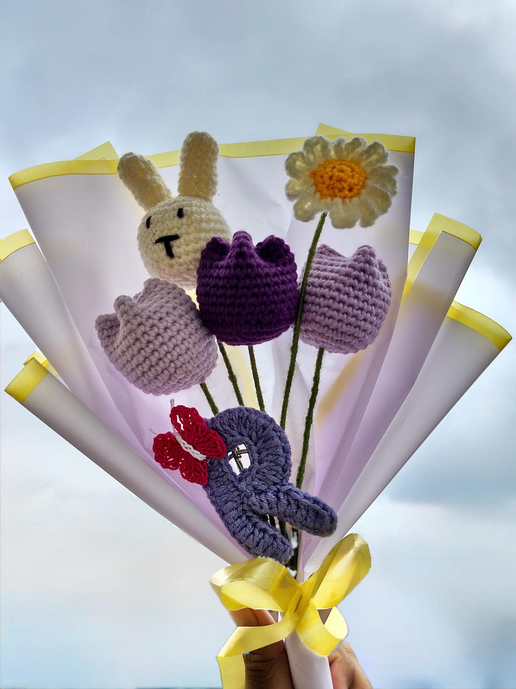 Crochet Bouquet: Handmade Yarn Tulips, Daisy, Bunny, Custom Initial