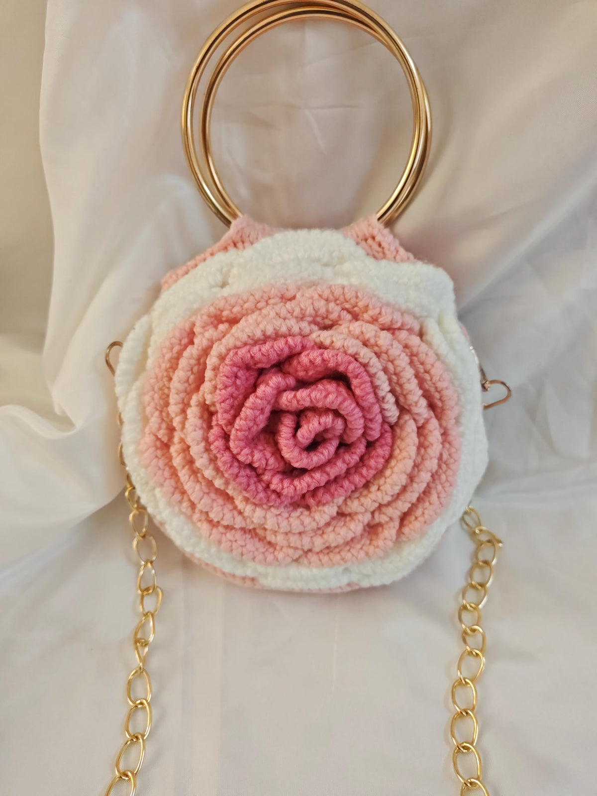 Crochet Rose Bag | Gold Ring Handle, Cotton Yarn Crossbody Purse | Boho Handbag
