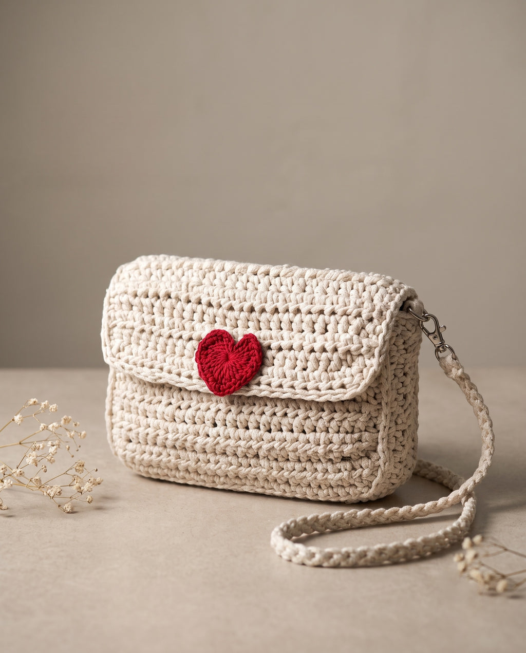 Crochet sling bag with heart detail on a soft studio background