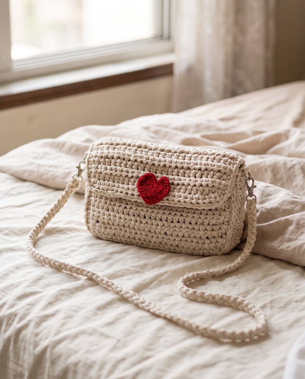 Cream crochet flap bag with braided strap resting on linen bedding