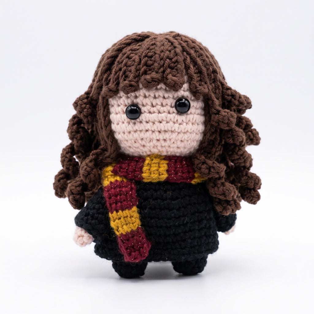 Handmade Hermione amigurumi doll with striped scarf on cream linen